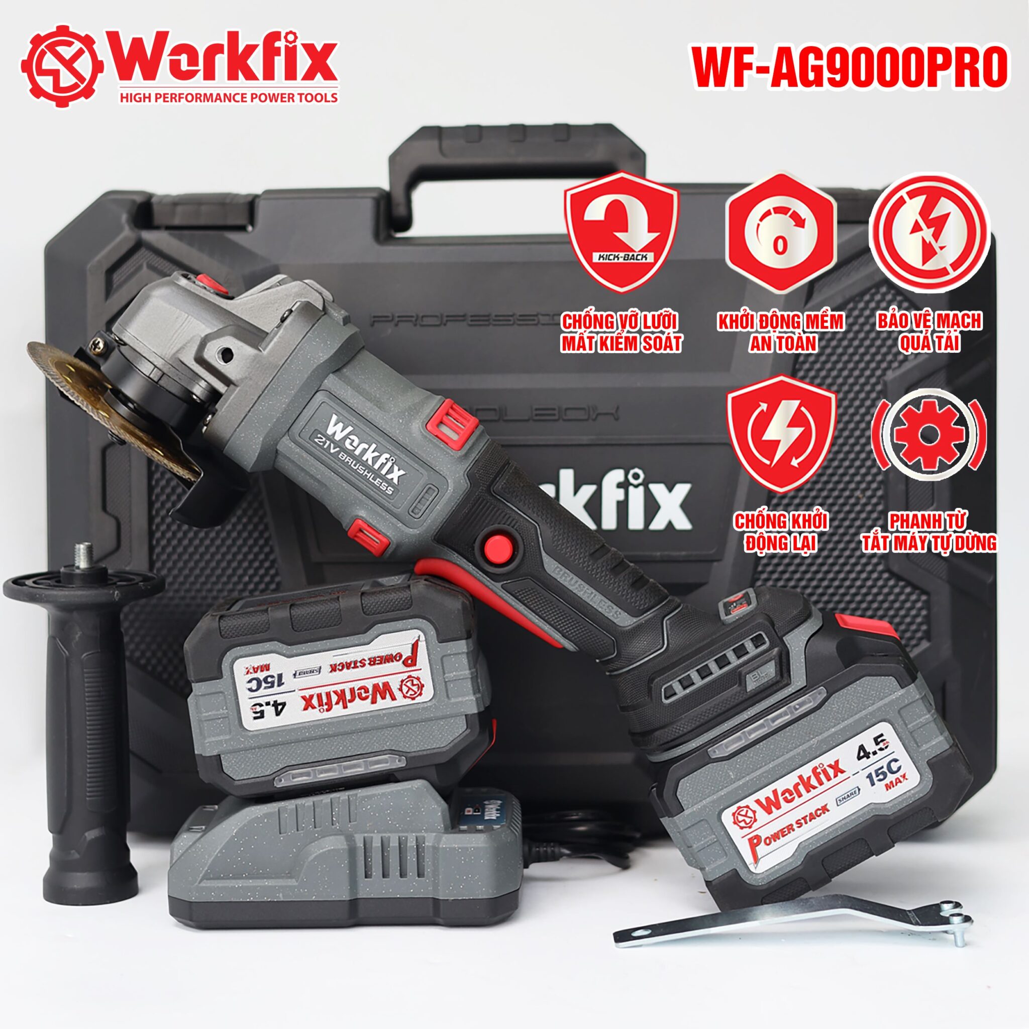 Máy mài pin WORKFIX WF-AG9000ATC có Anti-Kick Back, Không chổi than, 3 ...